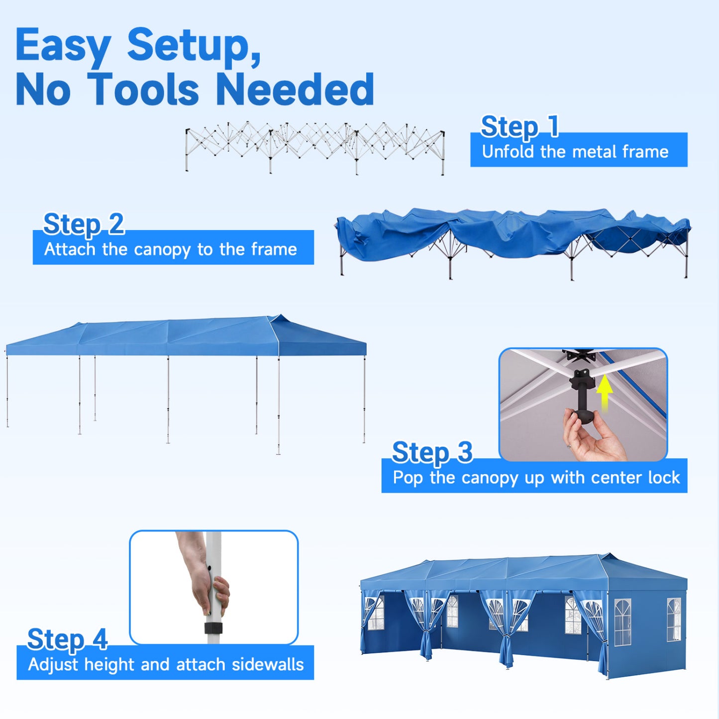 10 X 30 FT Pop Up Canopy Tent With 8 Sidewalls, Adjustable Height, Blue