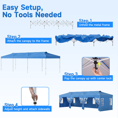 10 X 30 FT Pop Up Canopy Tent With 8 Sidewalls, Adjustable Height, Blue