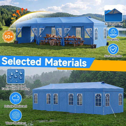 10 X 30 FT Pop Up Canopy Tent With 8 Sidewalls, Adjustable Height, Blue