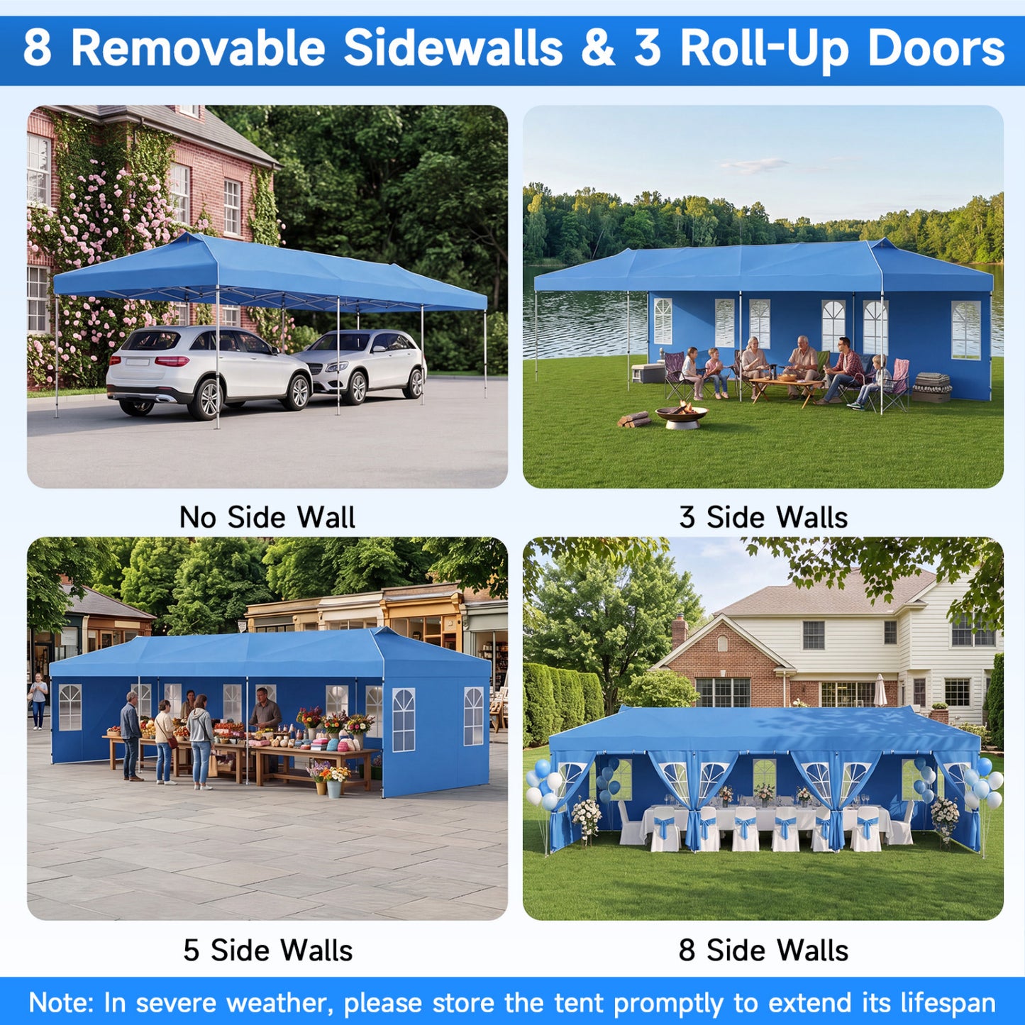 10 X 30 FT Pop Up Canopy Tent With 8 Sidewalls, Adjustable Height, Blue