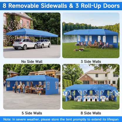 10 X 30 FT Pop Up Canopy Tent With 8 Sidewalls, Adjustable Height, Blue