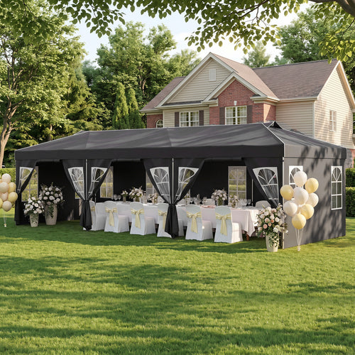 10 X 30 FT Pop Up Canopy Tent With 8 Sidewalls, Black