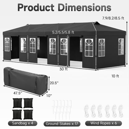 10 X 30 FT Pop Up Canopy Tent With 8 Sidewalls, Black