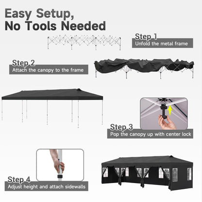 10 X 30 FT Pop Up Canopy Tent With 8 Sidewalls, Black