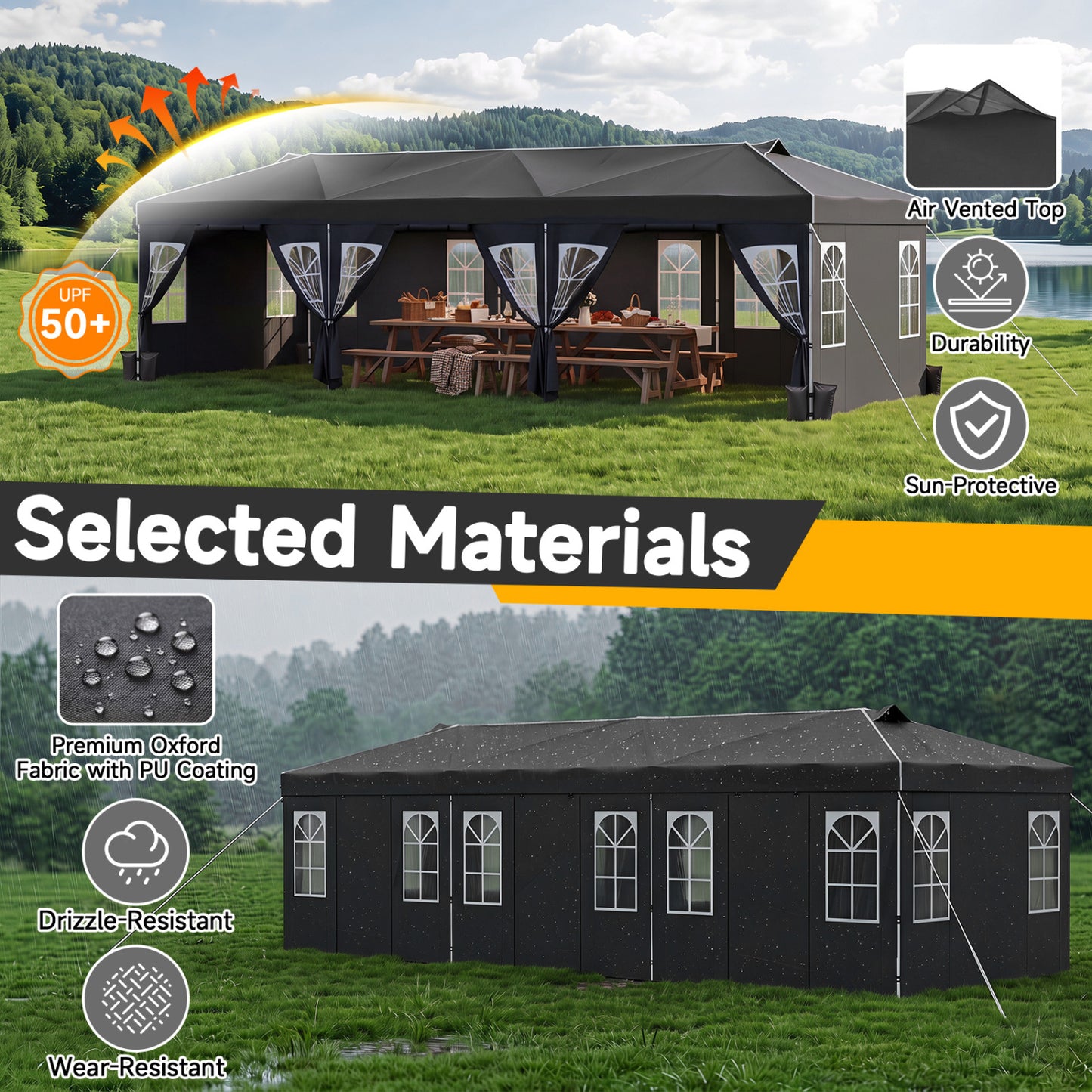10 X 30 FT Pop Up Canopy Tent With 8 Sidewalls, Black