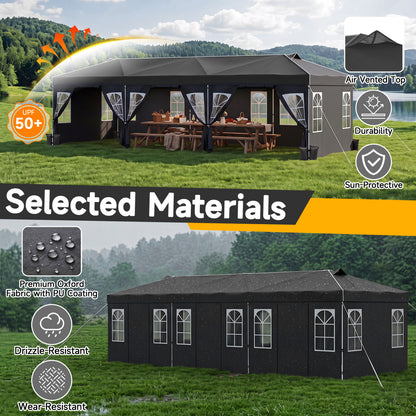 10 X 30 FT Pop Up Canopy Tent With 8 Sidewalls, Black
