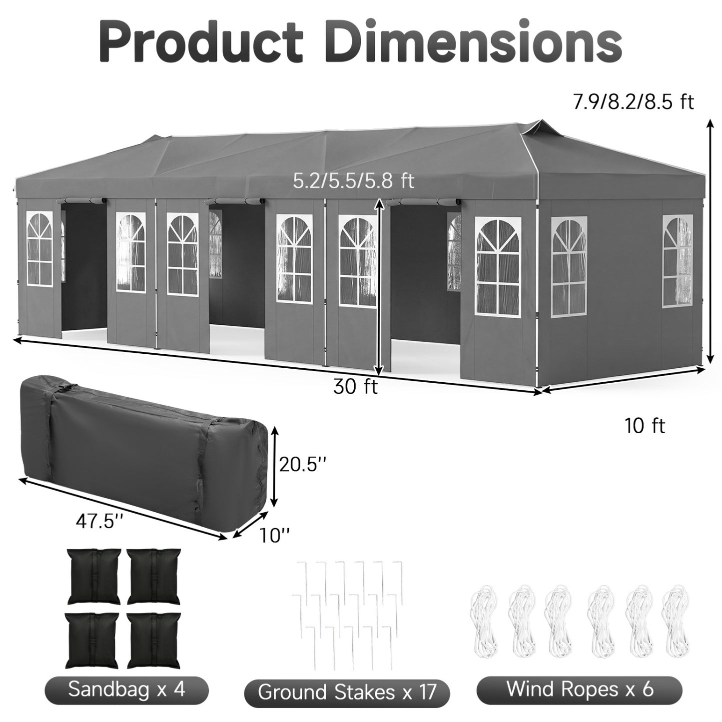 10 X 30 Ft Pop Up Canopy Tent with 8 Sidewalls, Gray