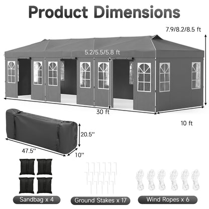10 X 30 Ft Pop Up Canopy Tent with 8 Sidewalls, Gray