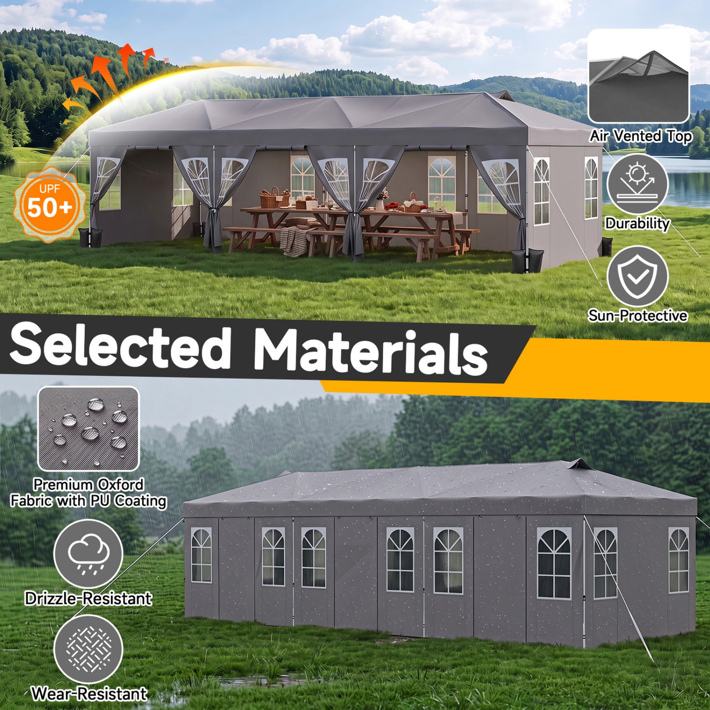 10 X 30 Ft Pop Up Canopy Tent with 8 Sidewalls, Gray