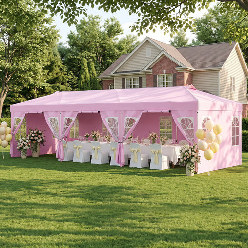 10x30 Ft Pop Up Canopy Tent With 8 Sidewalls, Adjustable Height, Pink