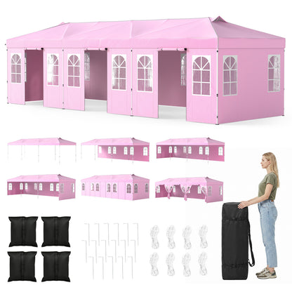 10x30 Ft Pop Up Canopy Tent With 8 Sidewalls, Adjustable Height, Pink