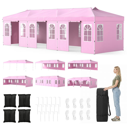 10x30 Ft Pop Up Canopy Tent With 8 Sidewalls, Adjustable Height, Pink
