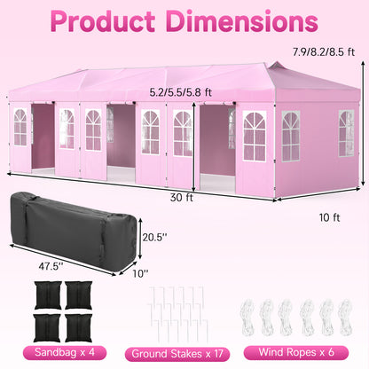 10x30 Ft Pop Up Canopy Tent With 8 Sidewalls, Adjustable Height, Pink
