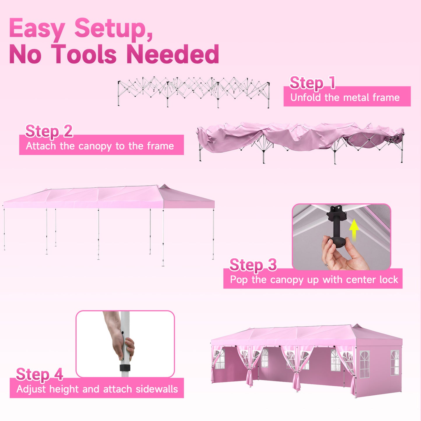 10x30 Ft Pop Up Canopy Tent With 8 Sidewalls, Adjustable Height, Pink