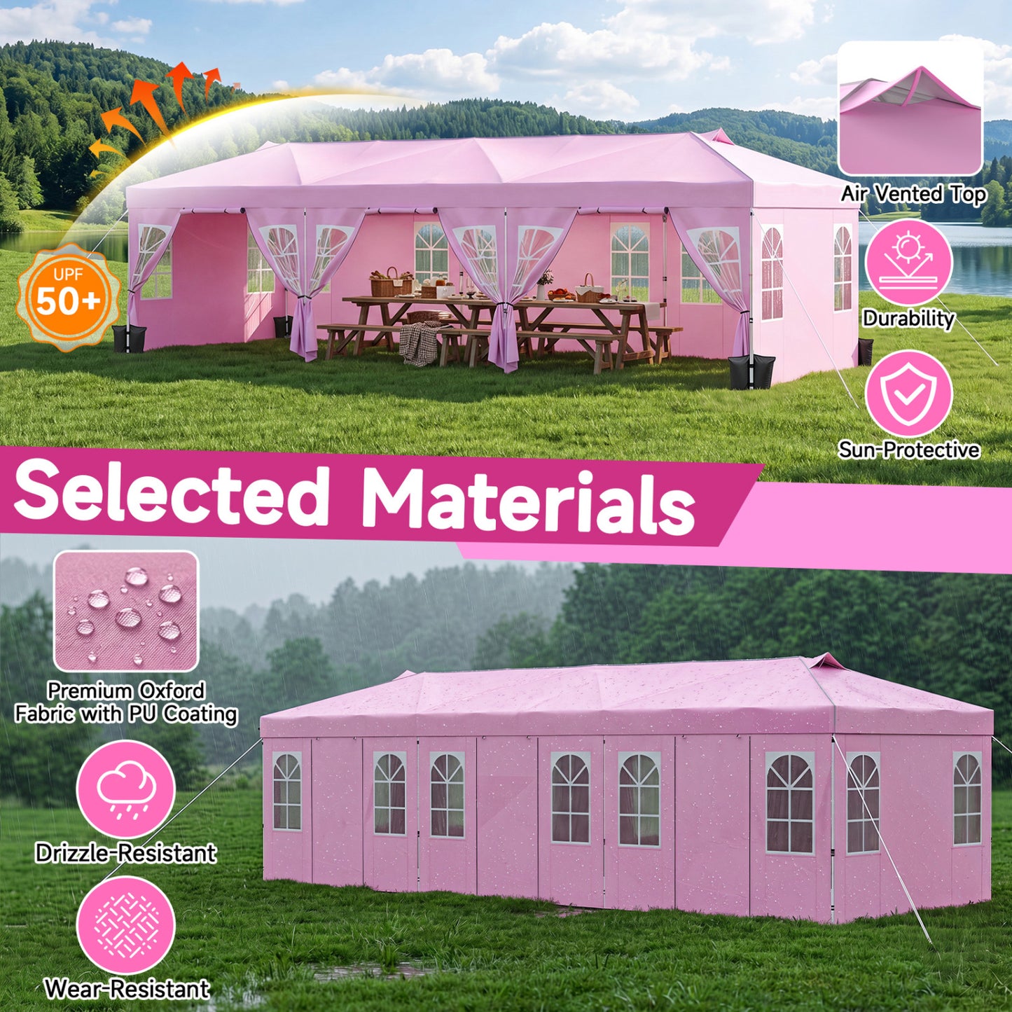 10x30 Ft Pop Up Canopy Tent With 8 Sidewalls, Adjustable Height, Pink