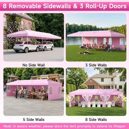 10x30 Ft Pop Up Canopy Tent With 8 Sidewalls, Adjustable Height, Pink