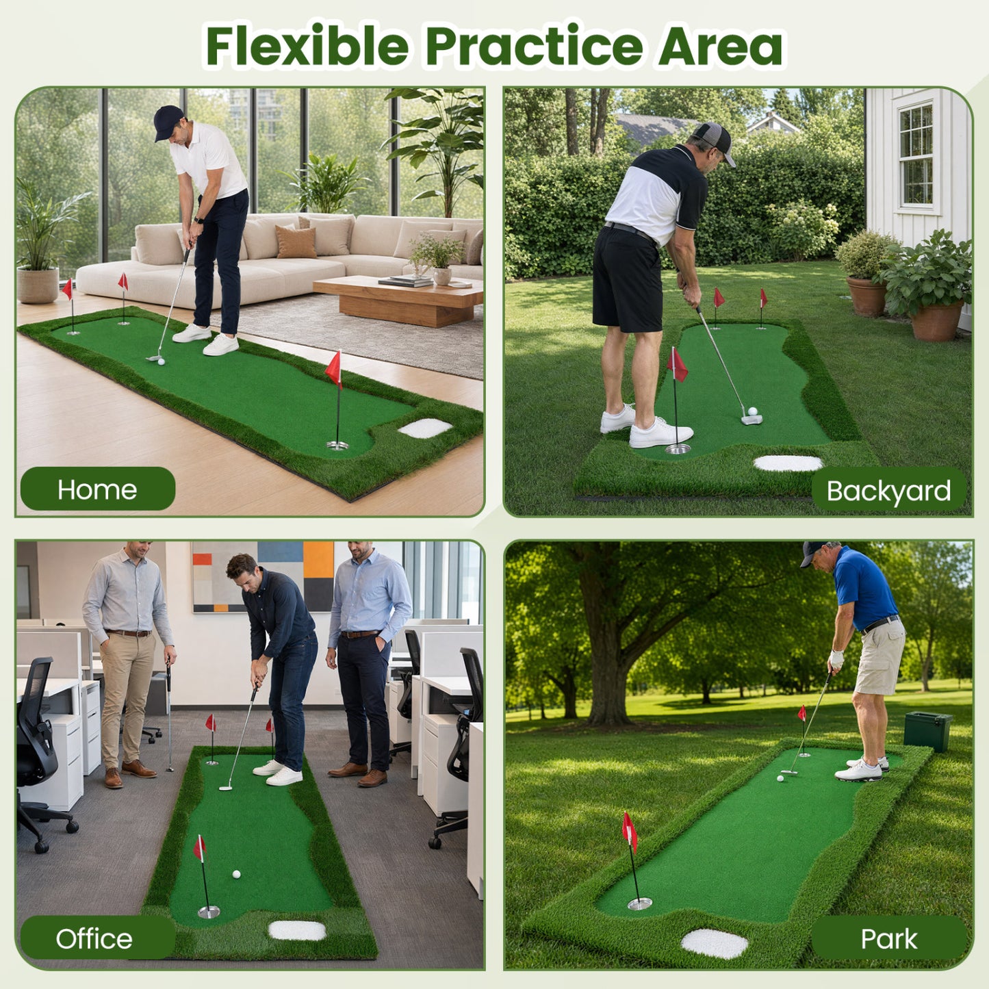 Golf Putting Green, 3 Hole Cups & Flags