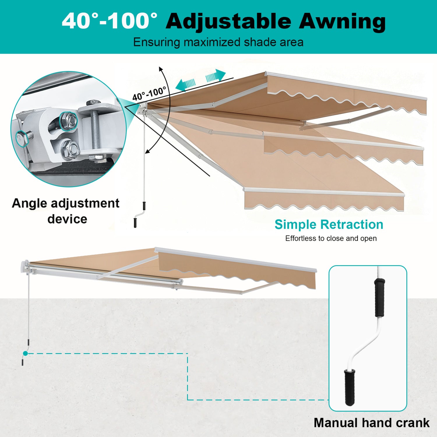 10 x 8.2 Feet Retractable Awning, Manual Crank Handle, Brown Canopies at Gallery Canada