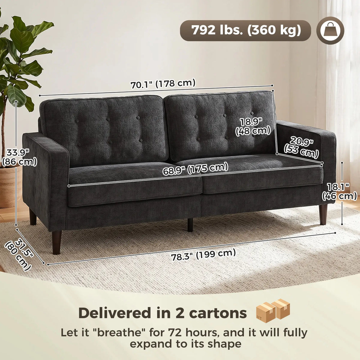 3 Seater Sofa Upholstered with Padded Cushion Modern Button Tufted Couch with Wood Legs, Dark Grey 3-Seater Sofas at Gallery Canada