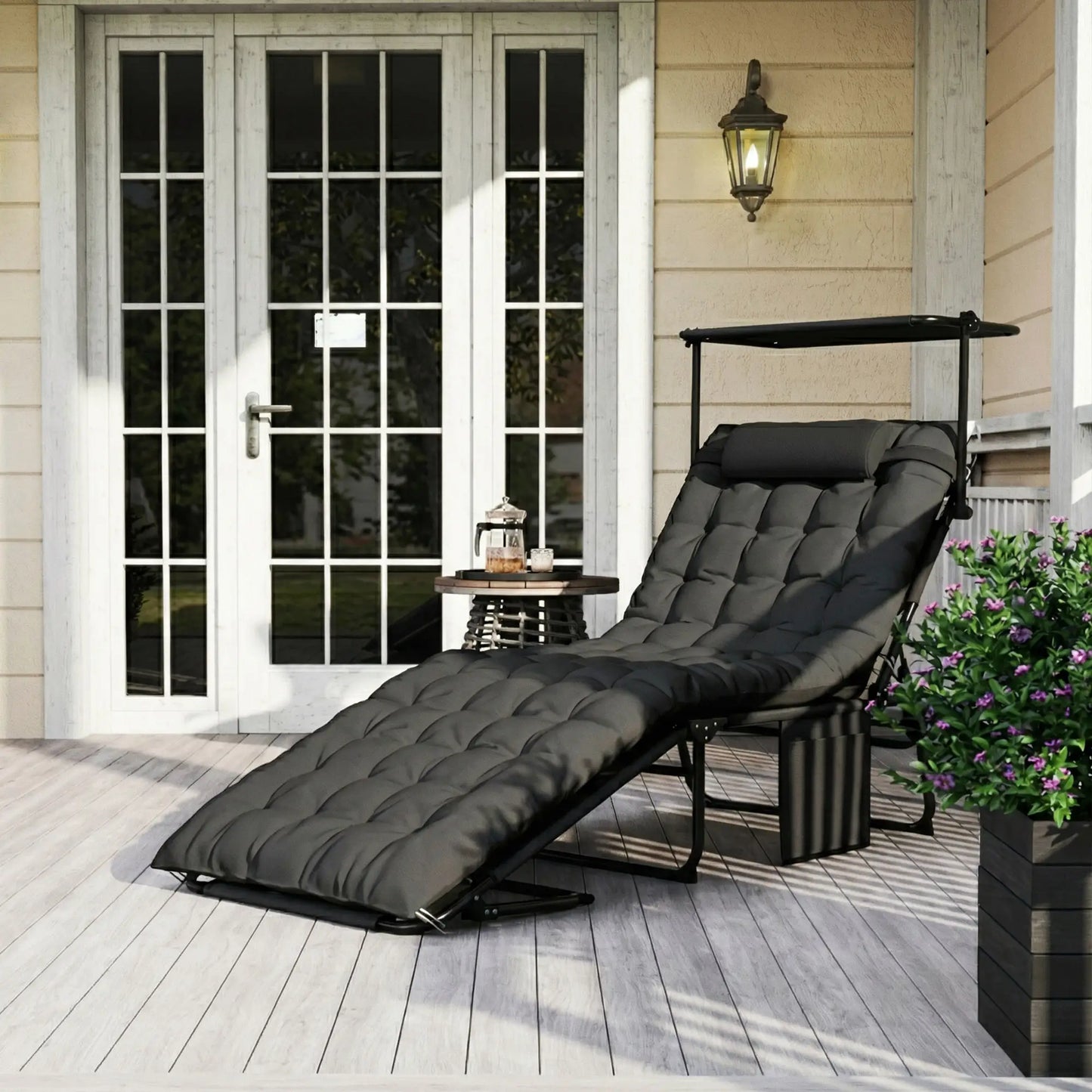 Folding Lounge Chair With Adjustable Canopy, 4-Position Tanning Chair, Dark Grey Lounger Chairs at Gallery Canada