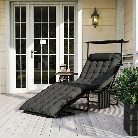 Folding Lounge Chair With Adjustable Canopy, 4-Position Tanning Chair, Dark Grey Lounger Chairs Dark Grey at Gallery Canada