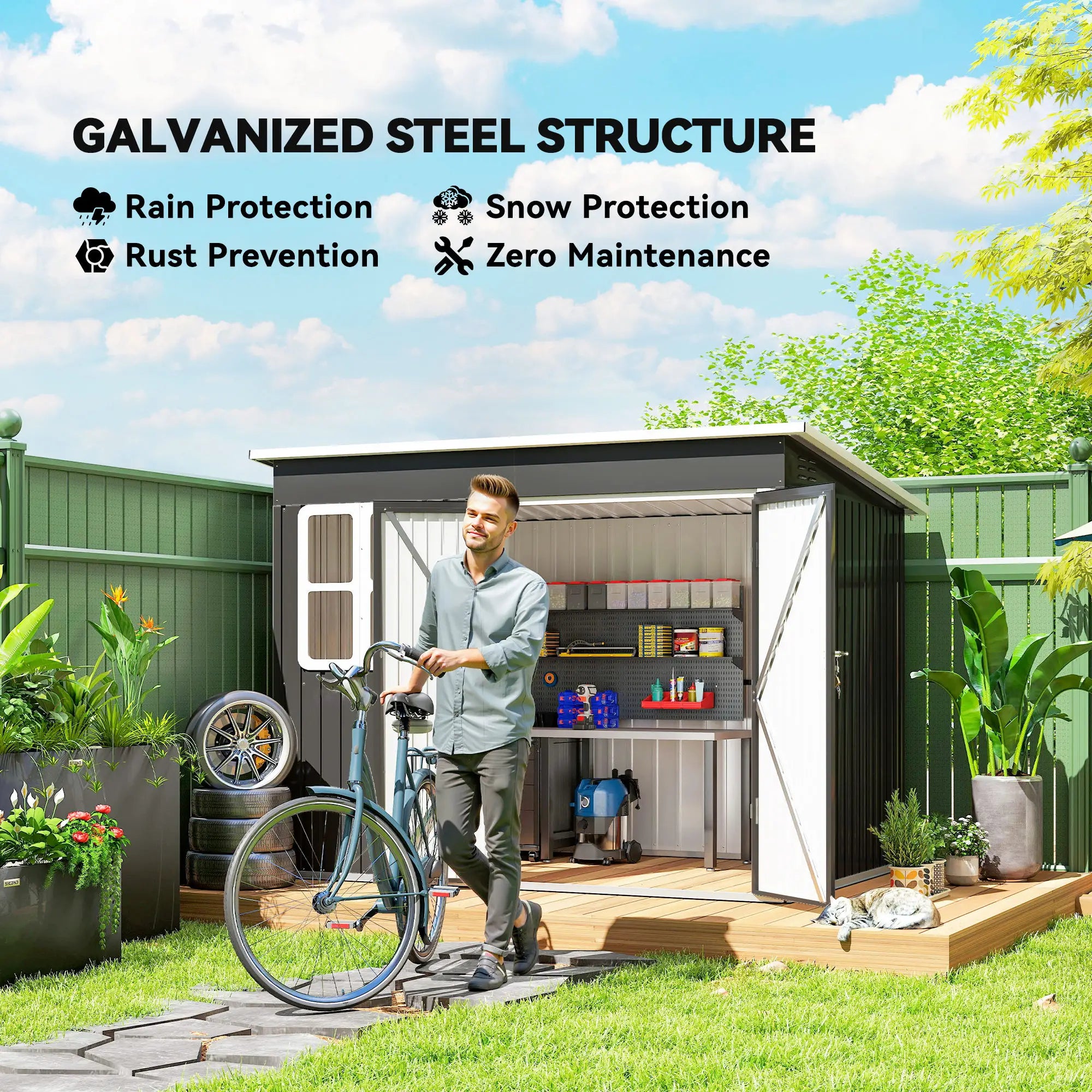 8.5' x 6' Galvanised Steel Outdoor Storage Shed, Lockable Doors, Dark Grey Sheds at Gallery Canada