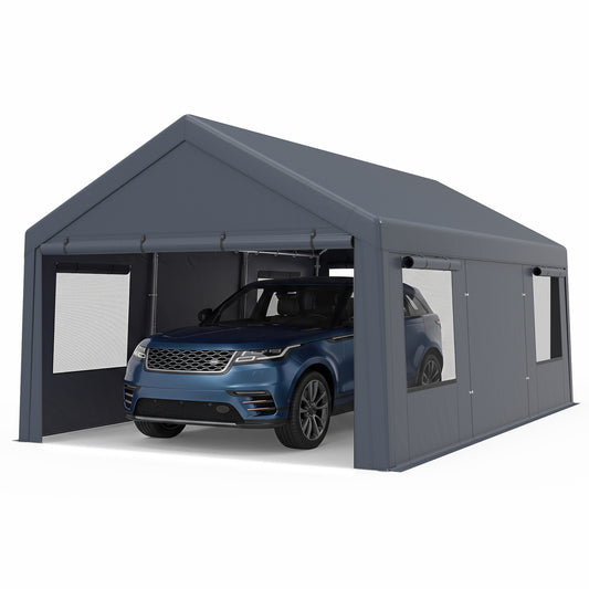 10x20 FT Portable Garage, 2 Doors & 4 Mesh Windows, Gray Garages Gray at Gallery Canada