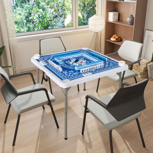 35 Inch 4 Player Folding Mahjong Table, Cup Holders, Light Blue