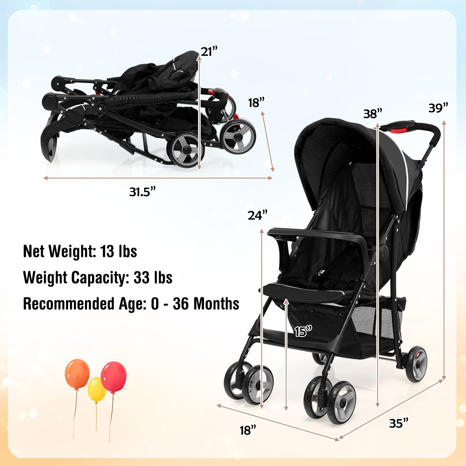 Toddler Travel Stroller for Airplane with Canopy and Adjustable Backrest, Black Baby Strollers at Gallery Canada