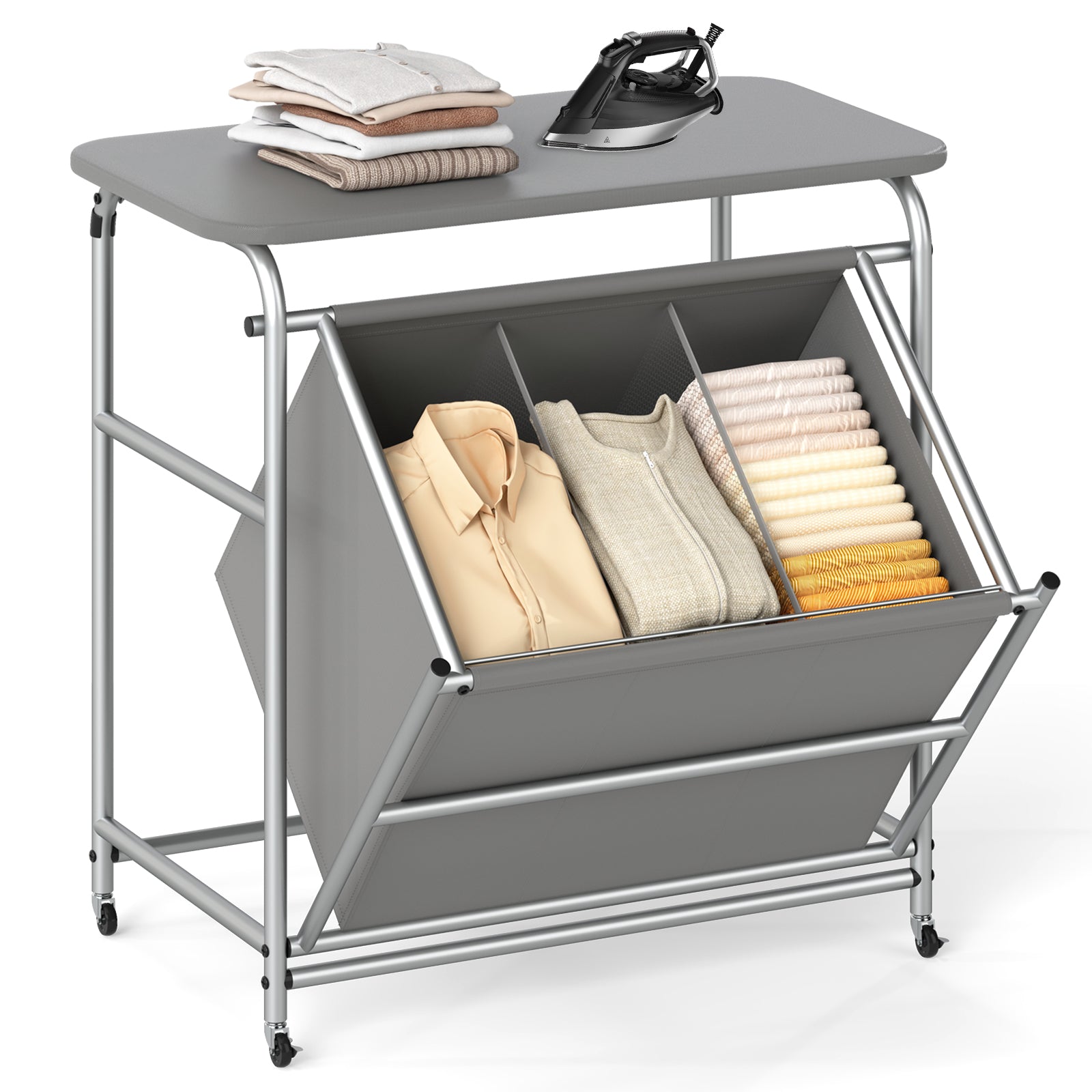 3-Section Laundry Sorter with Foldable Ironing Board and Lockable Wheels, Gray Laundry Baskets Gray at Gallery Canada