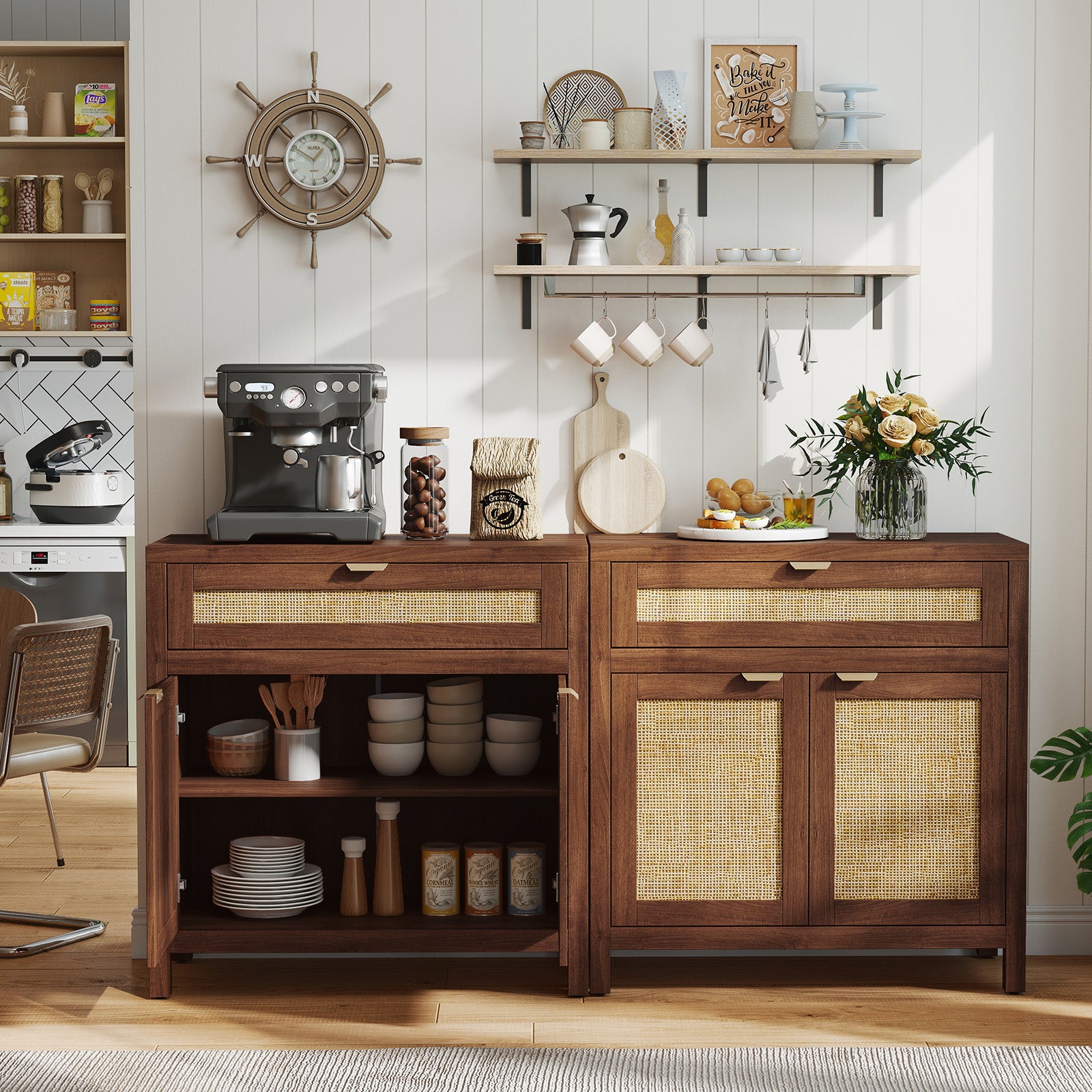 Sideboard Storage Cabinet with Rattan Doors and Drawer, Brown Sideboards Cabinets & Buffets at Gallery Canada