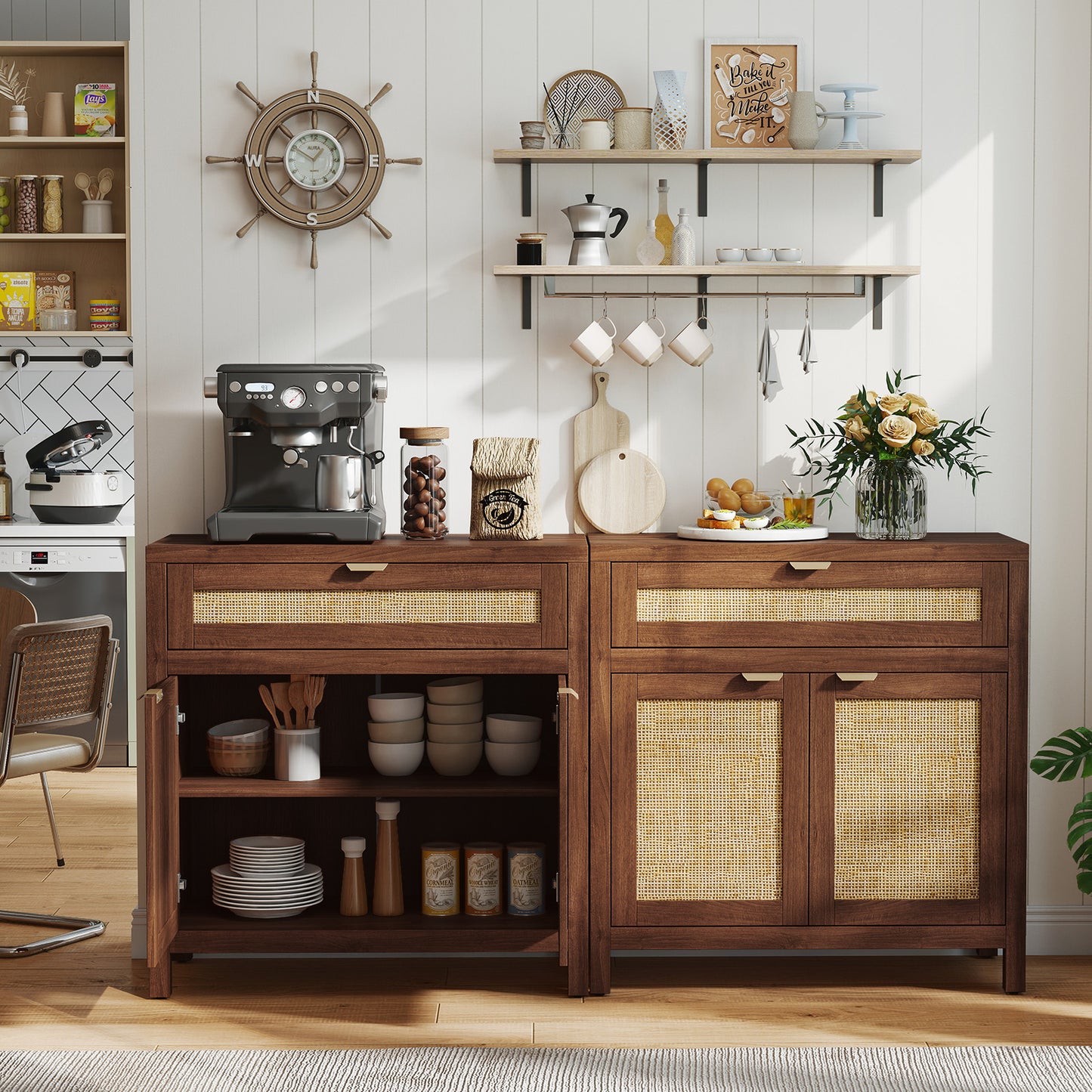 Sideboard Storage Cabinet with Rattan Doors and Drawer, Brown Sideboards Cabinets & Buffets at Gallery Canada