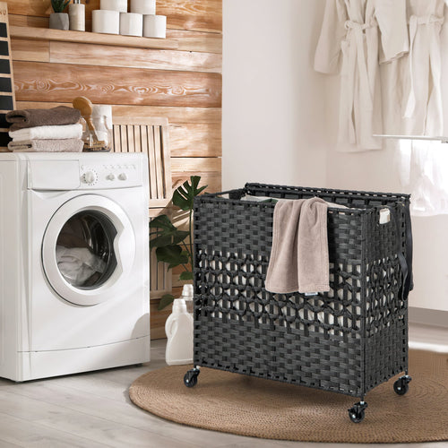 110L 2-Section Laundry Hamper, Removable Washable Liner Bags, Black