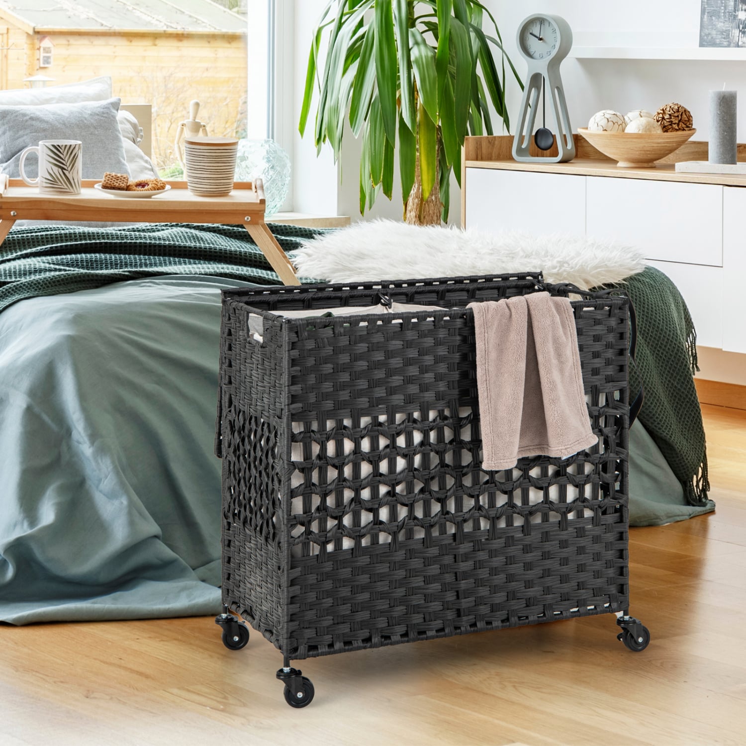 110L 2-Section Laundry Hamper, Removable Washable Liner Bags, Black Laundry Baskets at Gallery Canada