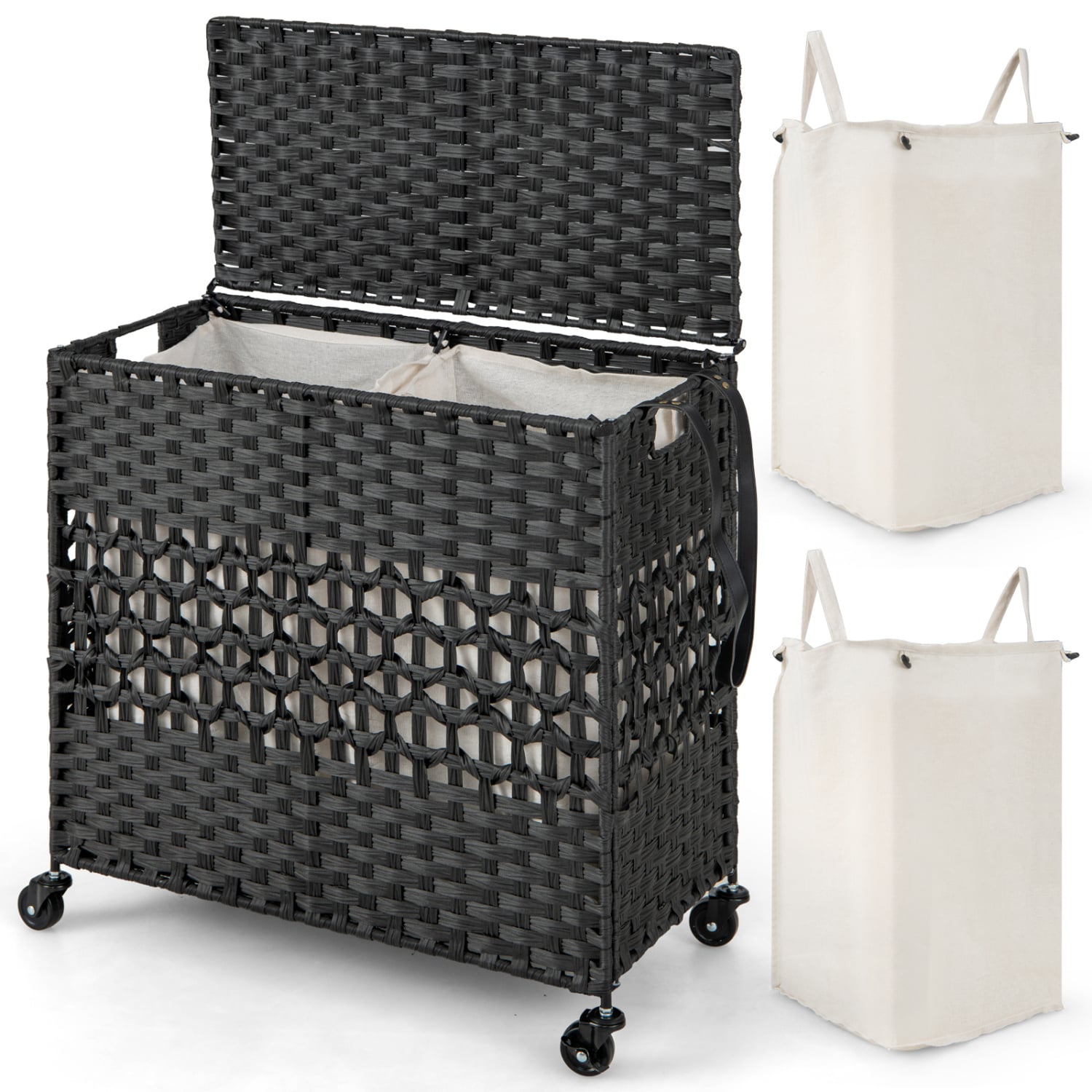 110L 2-Section Laundry Hamper, Removable Washable Liner Bags, Black Laundry Baskets at Gallery Canada