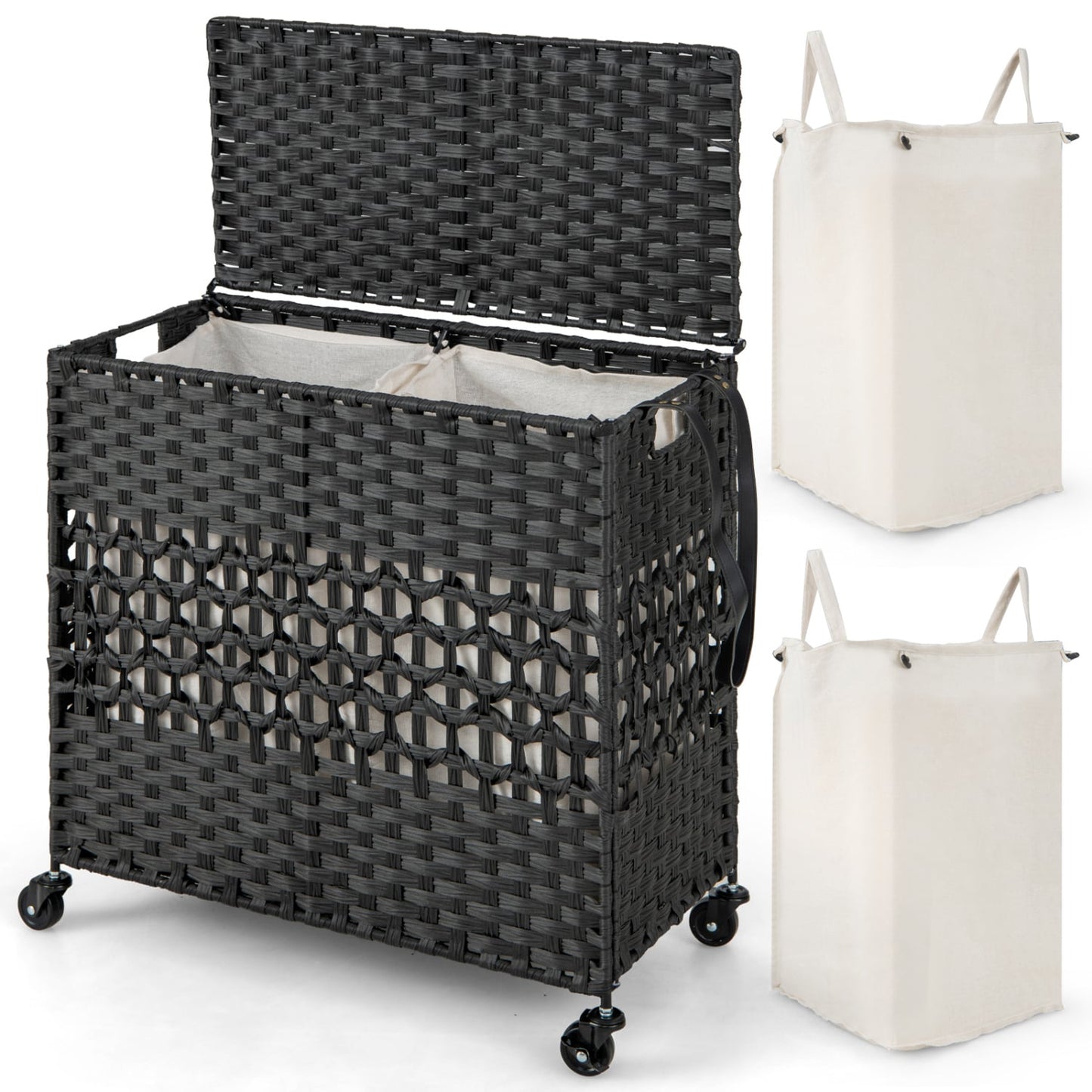 110L 2-Section Laundry Hamper, Removable Washable Liner Bags, Black Laundry Baskets at Gallery Canada