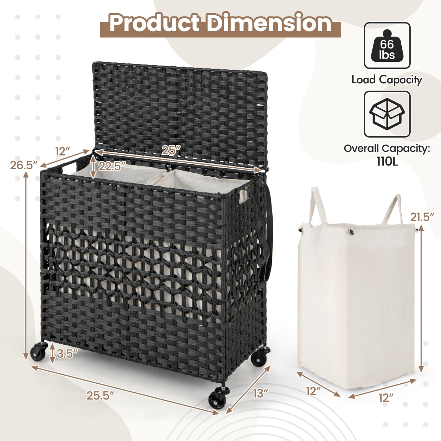 110L 2-Section Laundry Hamper, Removable Washable Liner Bags, Black Laundry Baskets at Gallery Canada