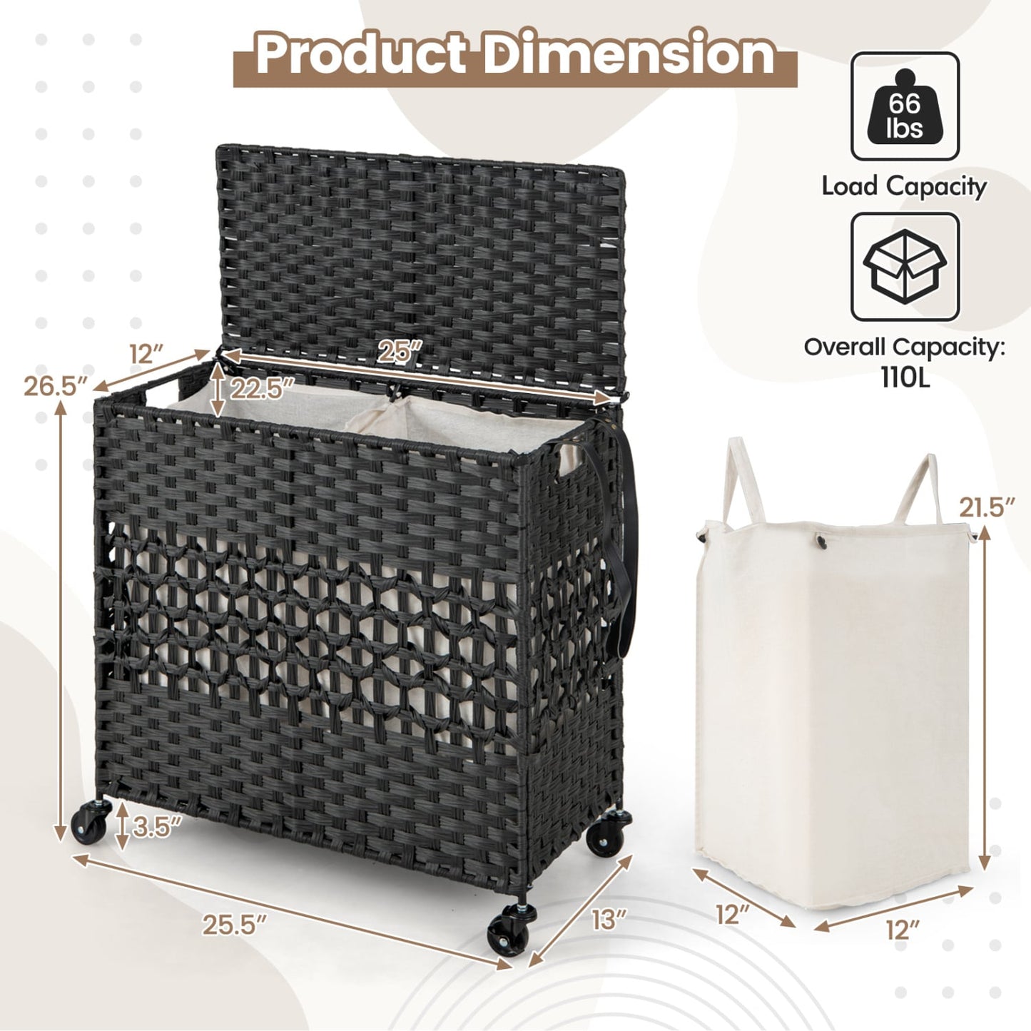 110L 2-Section Laundry Hamper, Removable Washable Liner Bags, Black Laundry Baskets at Gallery Canada