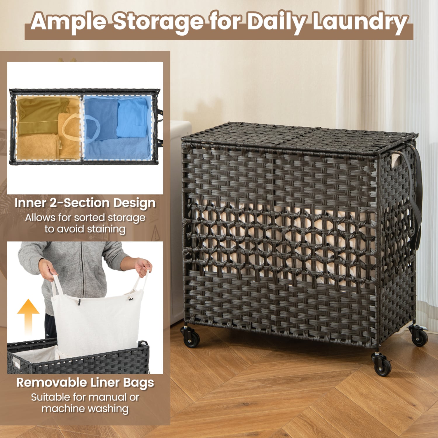 110L 2-Section Laundry Hamper, Removable Washable Liner Bags, Black Laundry Baskets at Gallery Canada