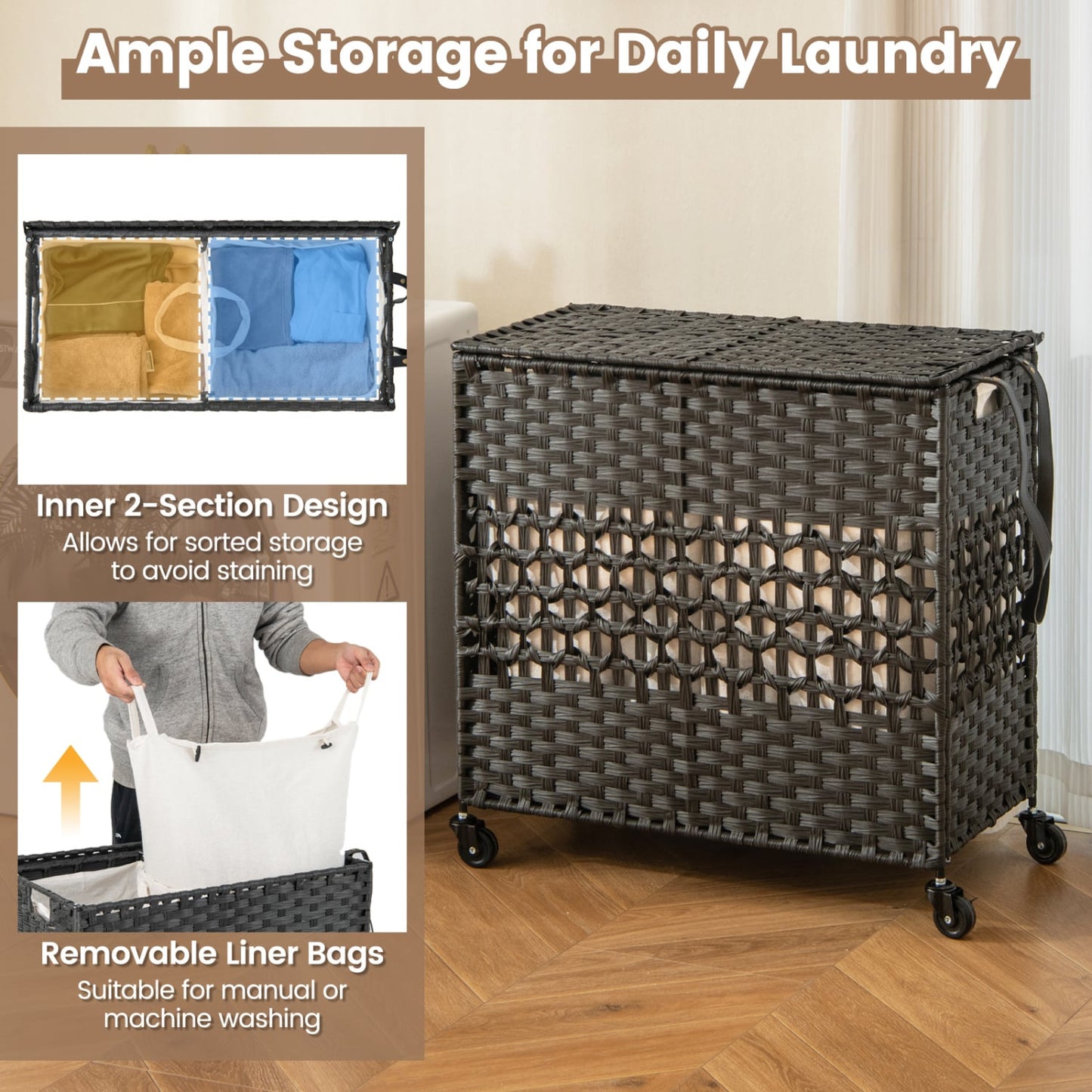 110L 2-Section Laundry Hamper, Removable Washable Liner Bags, Black Laundry Baskets at Gallery Canada