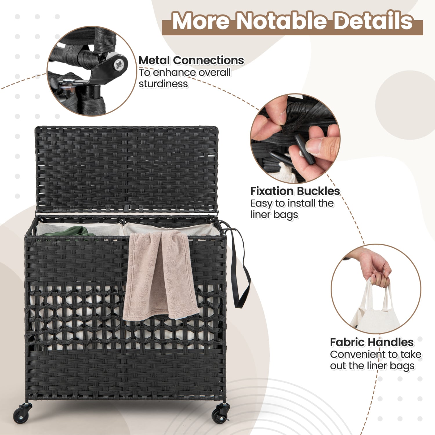 110L 2-Section Laundry Hamper, Removable Washable Liner Bags, Black Laundry Baskets at Gallery Canada