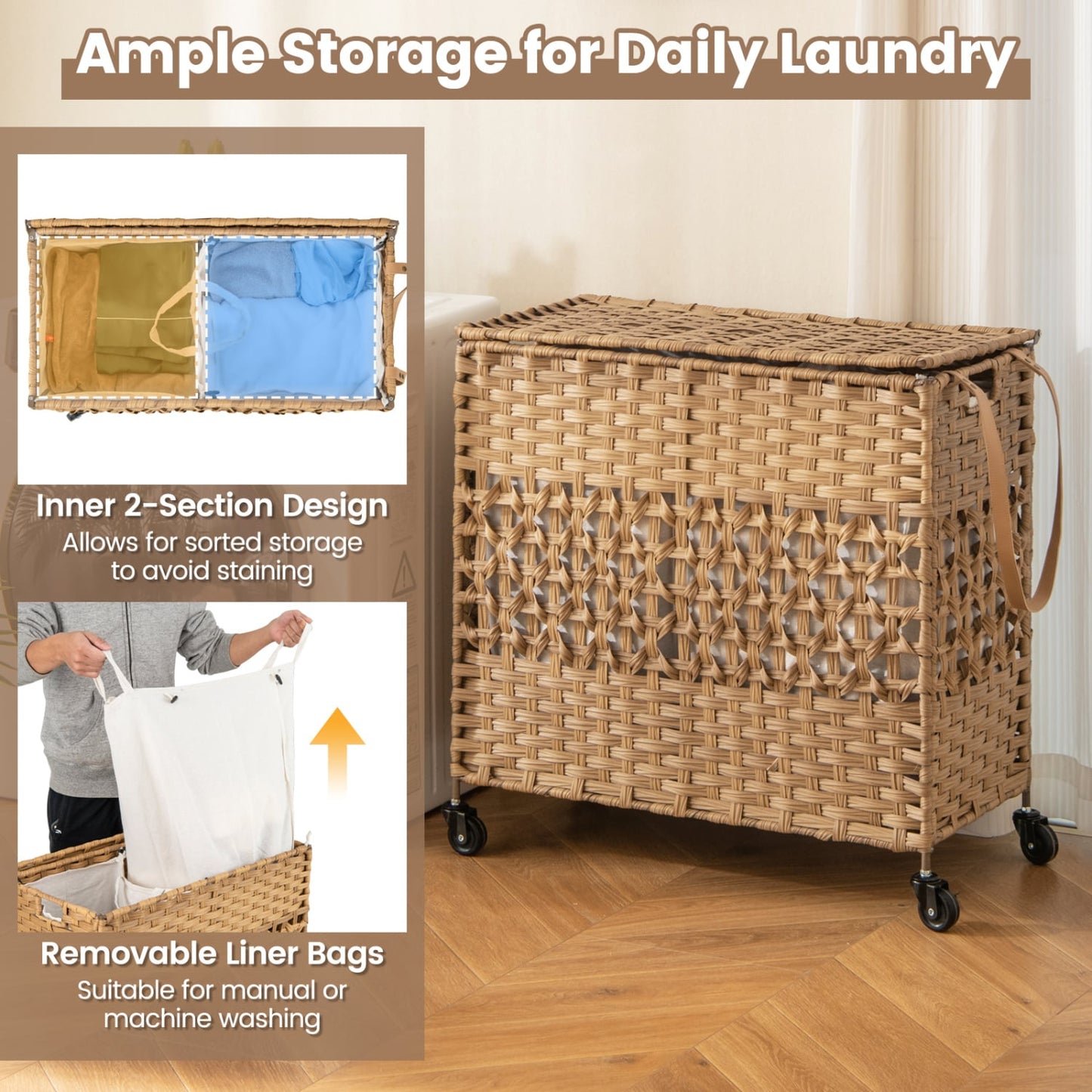 110L 2-Section Laundry Hamper, Removable Washable Liner Bags, Natural Laundry Baskets at Gallery Canada