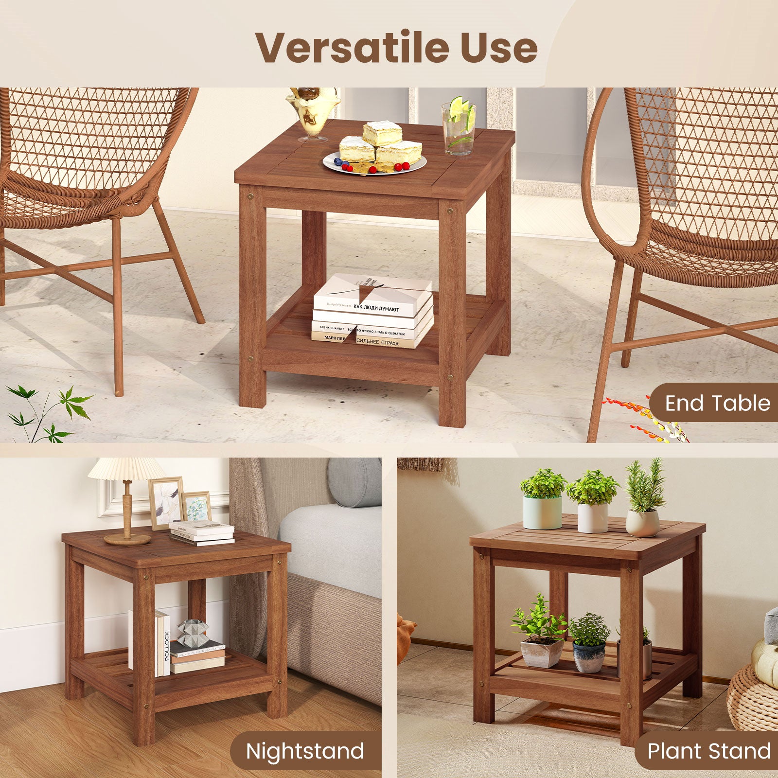 2-Tier Outdoor Side Table with Storage Shelf for Patio, Natural Patio Coffee Tables at Gallery Canada