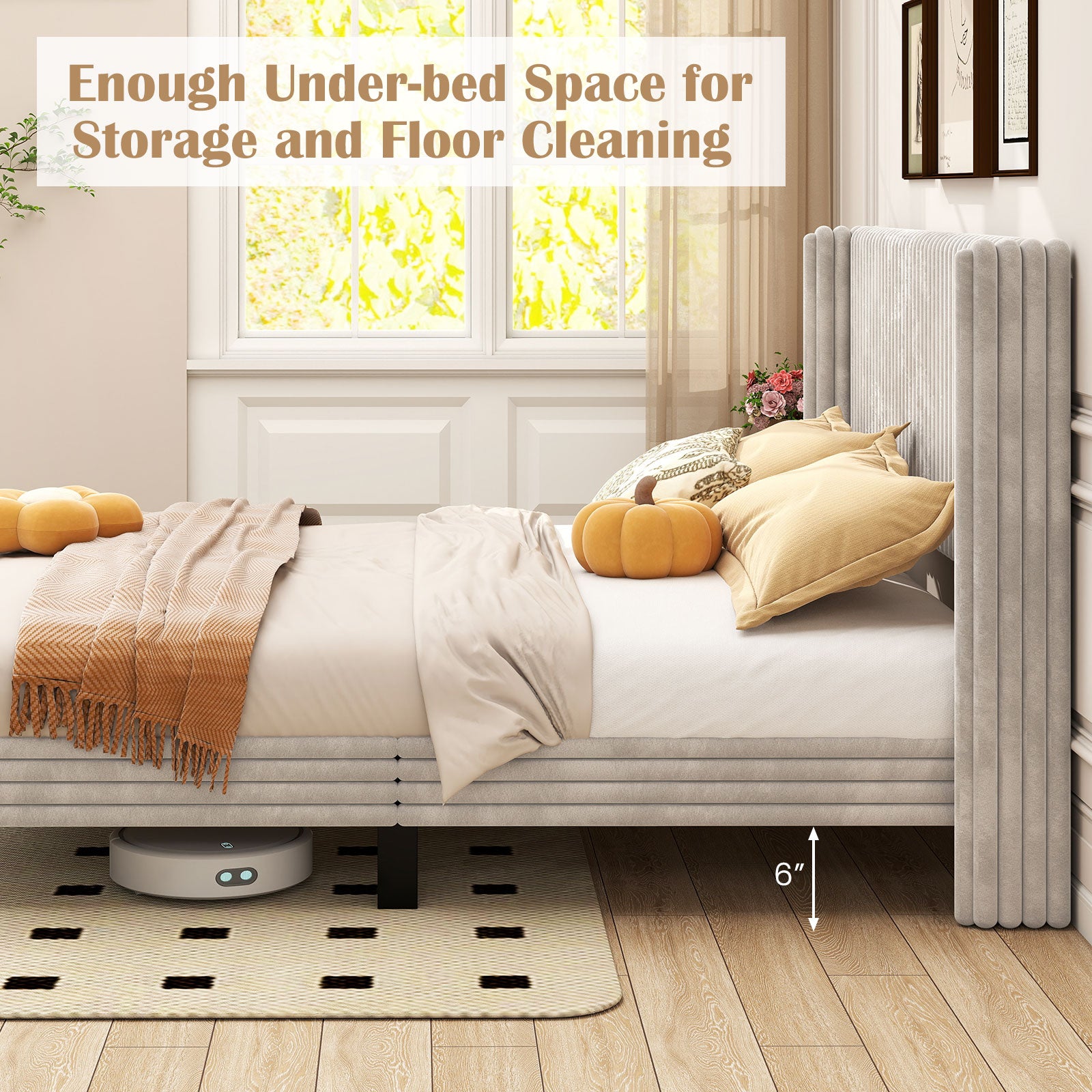 Queen Size Velvet Bed Frame with Vertical Channel Tufted Wingback Headboard, White Simple Bed Frame at Gallery Canada