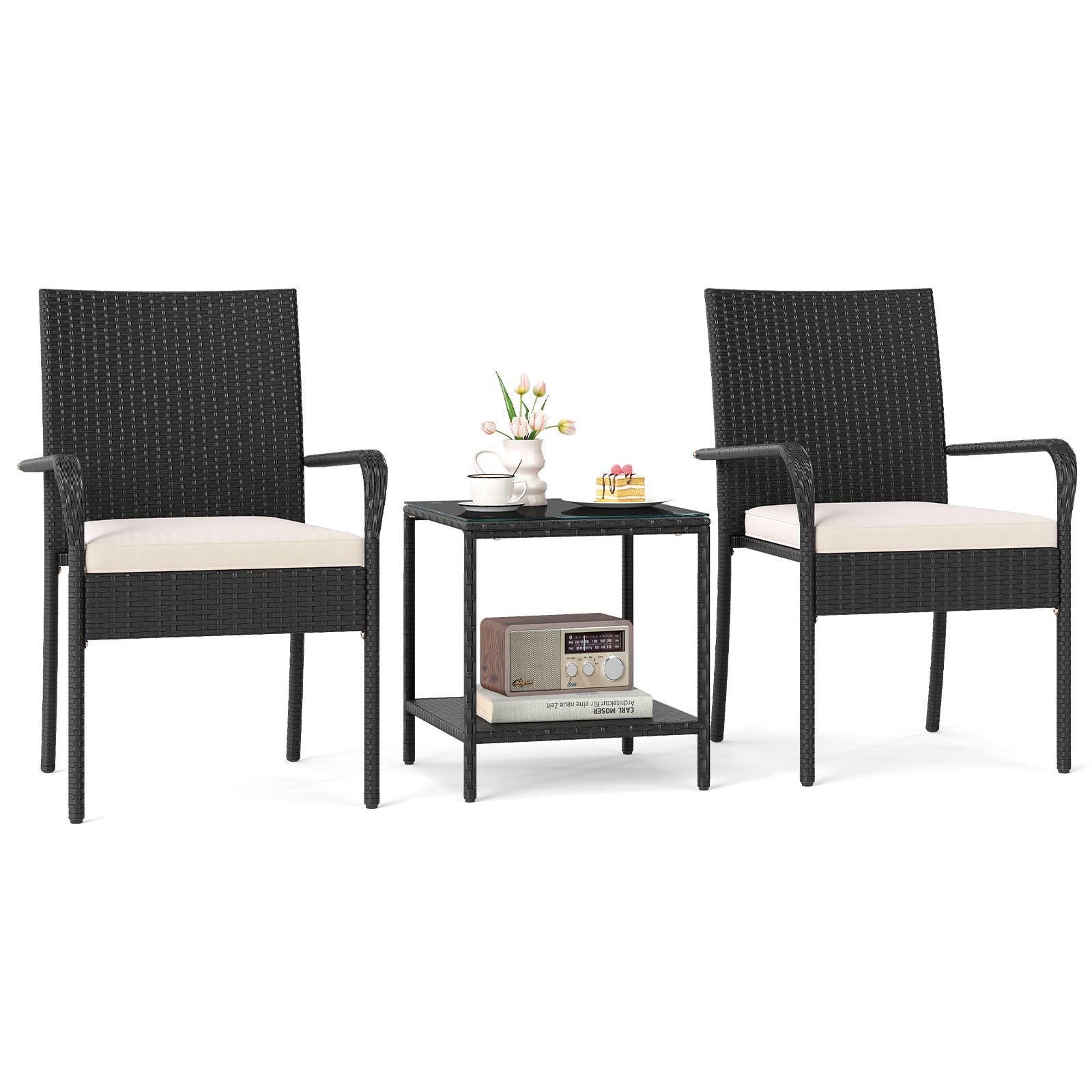 3 Piece Patio Furniture Set with Seat Cushions and Tempered Glass , White Patio Conversation Sets at Gallery Canada