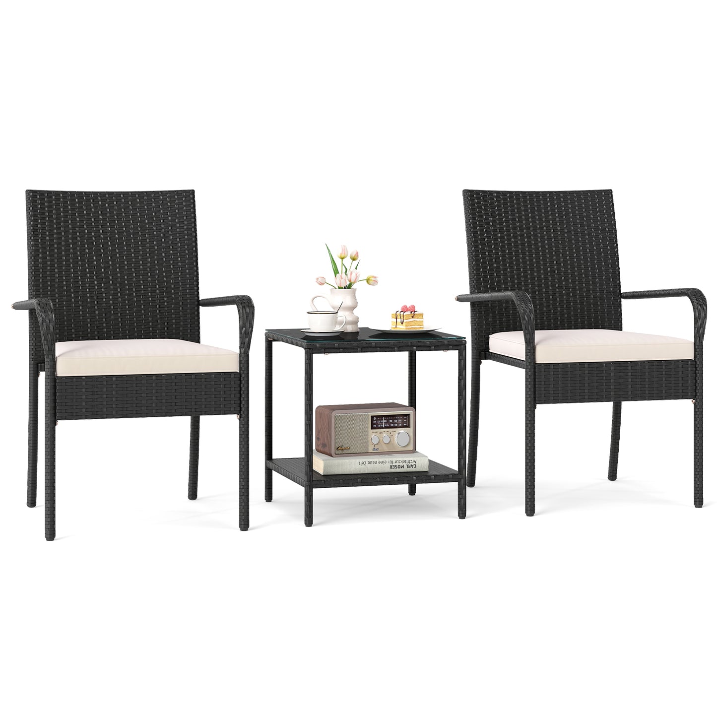 3 Piece Patio Furniture Set with Seat Cushions and Tempered Glass , White Patio Conversation Sets at Gallery Canada