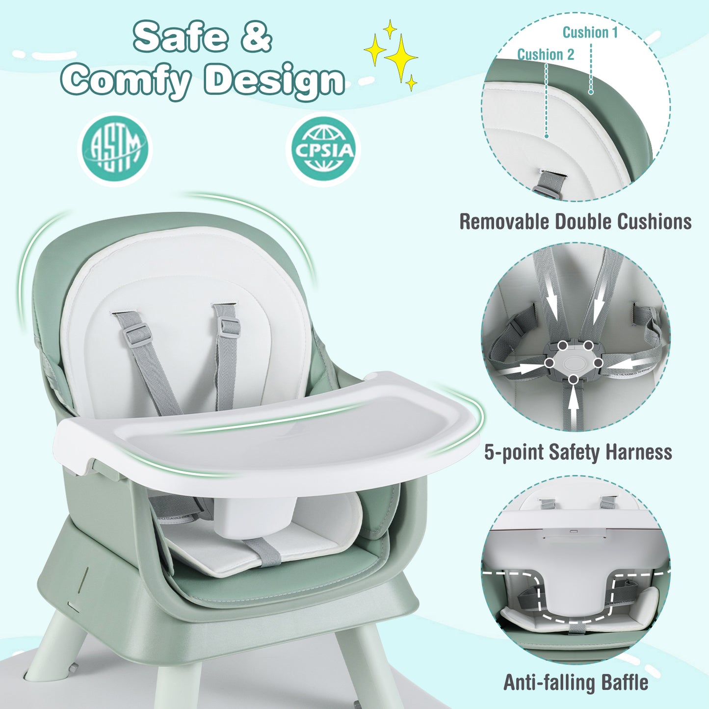 6-in-1 Convertible Baby High Chair with Adjustable Removable Tray, Green High Chairs at Gallery Canada