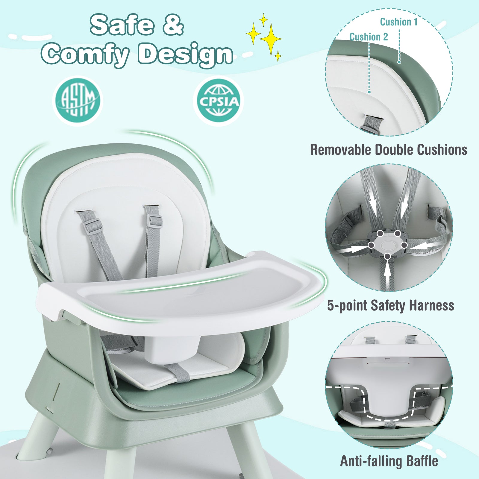 6-in-1 Convertible Baby High Chair with Adjustable Removable Tray, Green High Chairs at Gallery Canada
