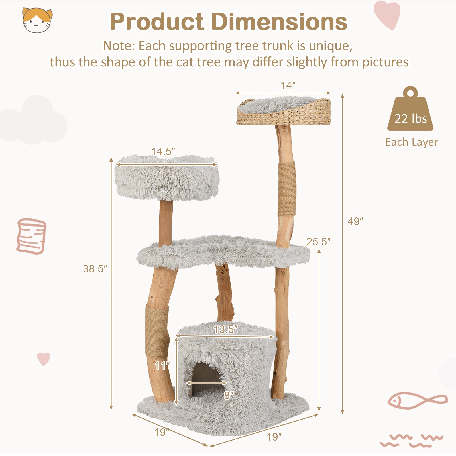 Solid Wood Cat Tower with Top Cattail Basket Cat Bed, Gray Cat Trees Condos & Scratchers at Gallery Canada