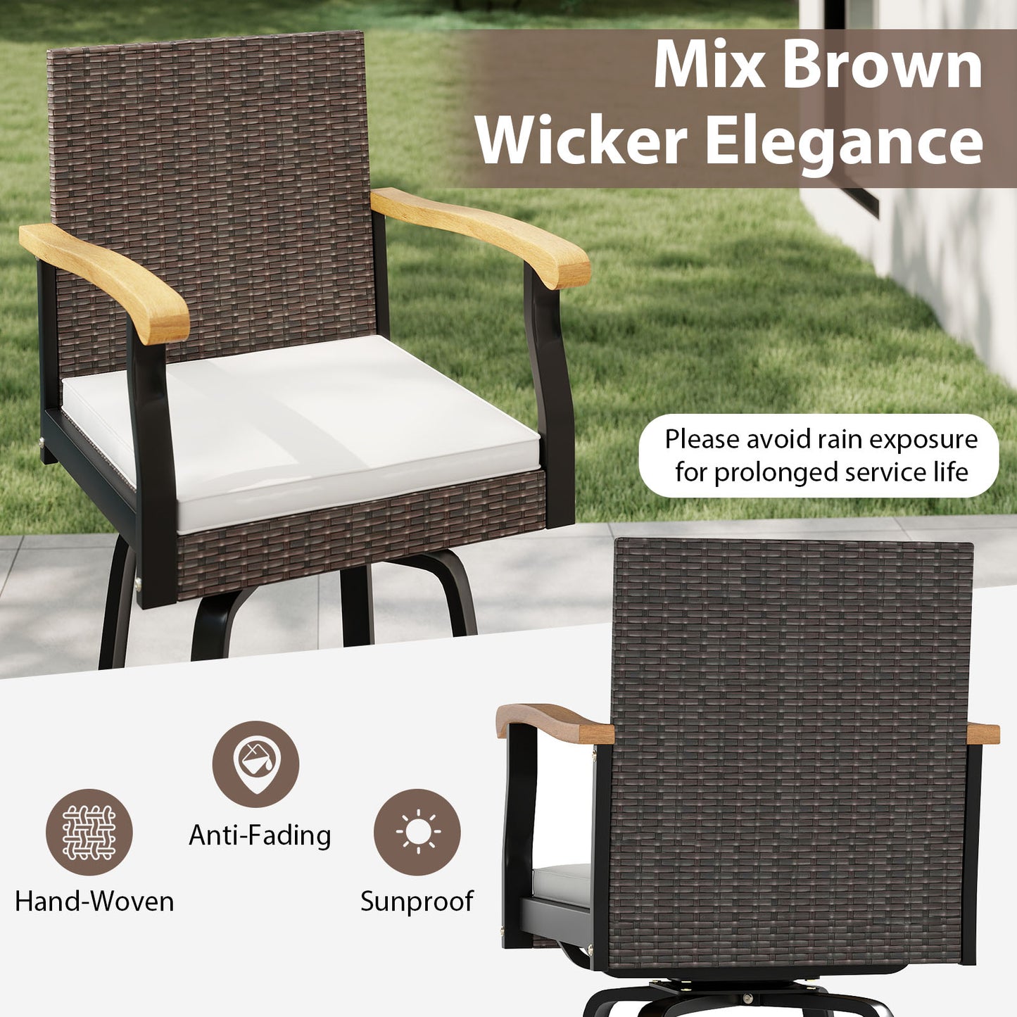 Outdoor 360° Swivel Bar Stool With Cushion, Acacia Wood Armrests, Brown Patio Bar Furniture at Gallery Canada